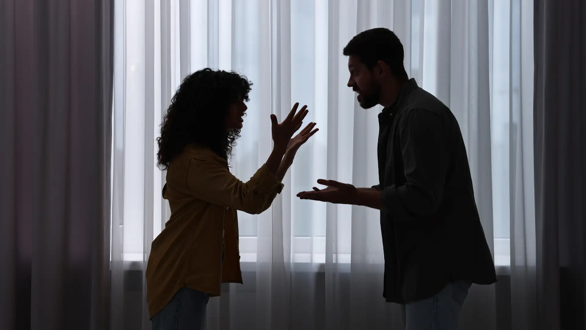 Silhouettes of a man and woman arguing in front of a window.