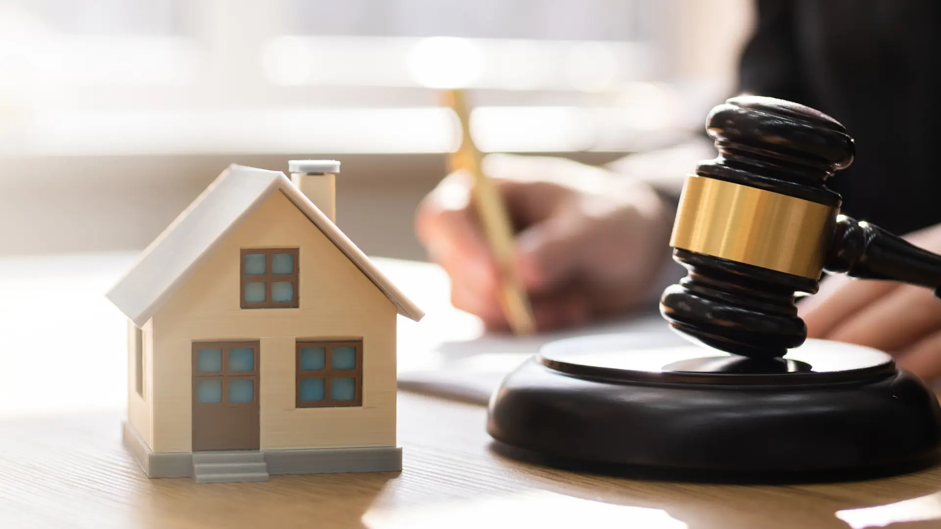 Model house beside a judge’s gavel with a person writing in the background.